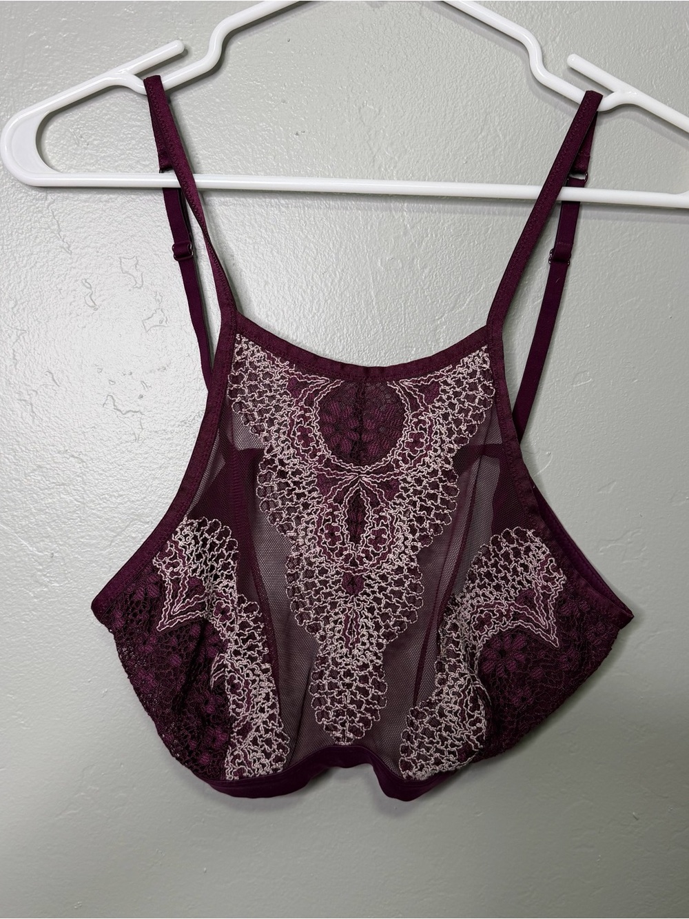 Victoria’s Secret Maroon Pink Lace Mesh Floral Crochet Bralette L